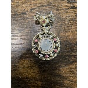 Vintage Faux Pearl Rhinestone Brooch w/ Decorative Clock Face